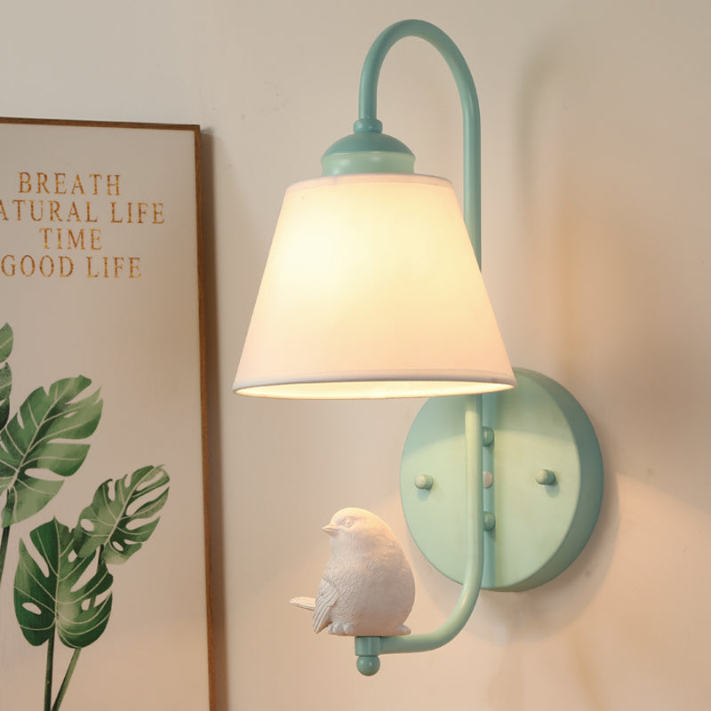 Macaron Style Bucket Shade Wall Light with Bird Deco One Light Metal Wall Sconce in Green for Nursing Room