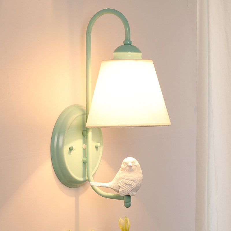 Macaron Style Bucket Shade Wall Light with Bird Deco One Light Metal Wall Sconce in Green for Nursing Room