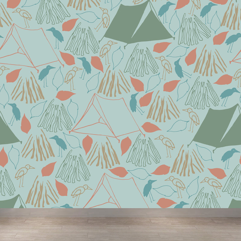 Kids Camping Patterned Mural Decal Soft Color Waterproofing Wall Art for Bedroom