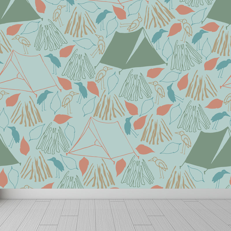 Kids Camping Patterned Mural Decal Soft Color Waterproofing Wall Art for Bedroom