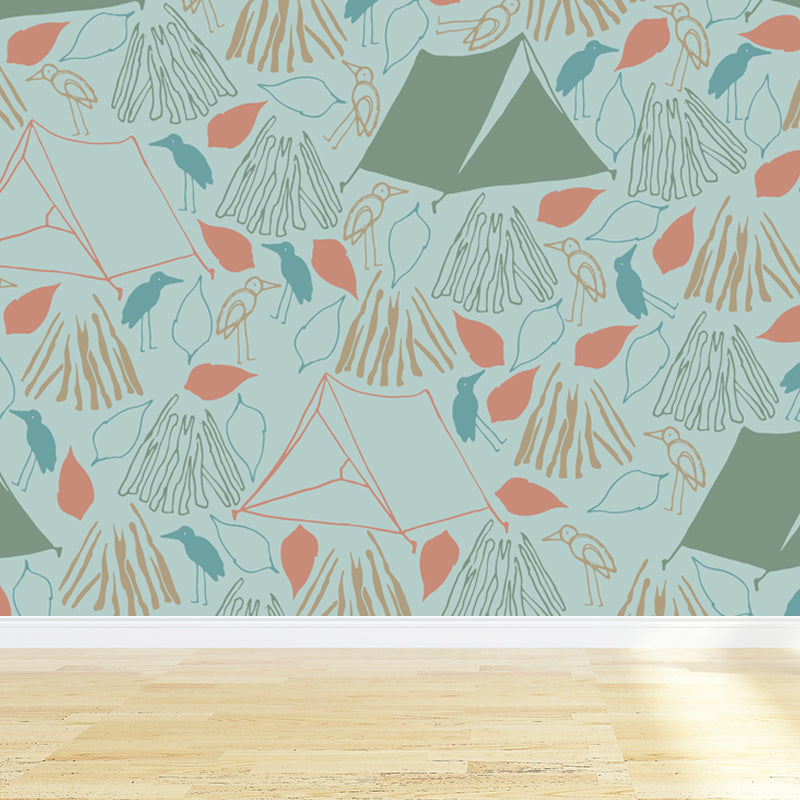 Kids Camping Patterned Mural Decal Soft Color Waterproofing Wall Art for Bedroom