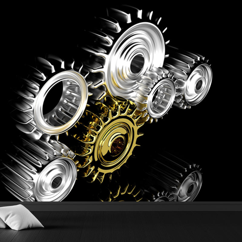 Metal Gear Mural Wallpaper Dark Color Contemporary Wall Covering for Boys Bedroom