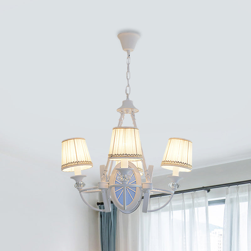 Barrel Chandelier Lamp Children Pleated Fabric 4 Heads White Suspension Light with Wheel Design