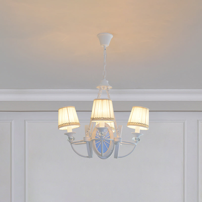 Barrel Chandelier Lamp Children Pleated Fabric 4 Heads White Suspension Light with Wheel Design