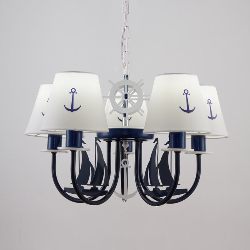 Metallic Arched Arm Pendant Ceiling Light Kids 5/6 Bulbs Blue Hanging Chandelier with Tapered White Fabric Shade