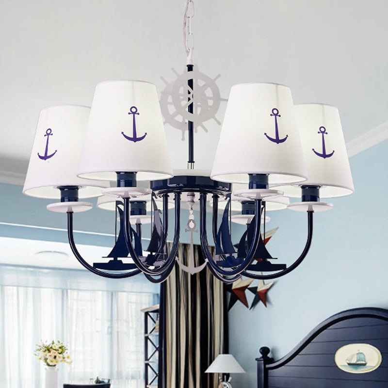 Metallic Arched Arm Pendant Ceiling Light Kids 5/6 Bulbs Blue Hanging Chandelier with Tapered White Fabric Shade