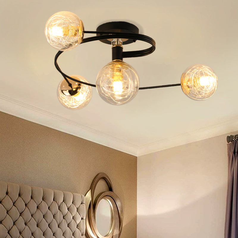 Orb Shade Ceiling Light Fixture Simplicity Transparent Glass 4 Bulbs Black Semi Flush Mount
