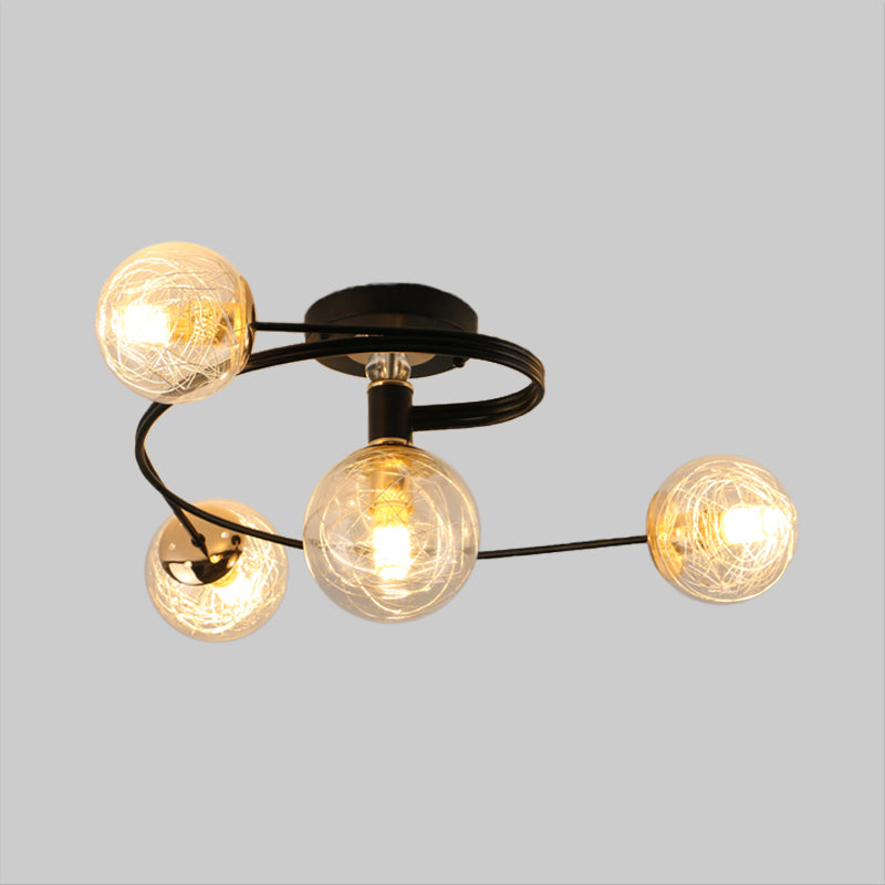 Orb Shade Ceiling Light Fixture Simplicity Transparent Glass 4 Bulbs Black Semi Flush Mount