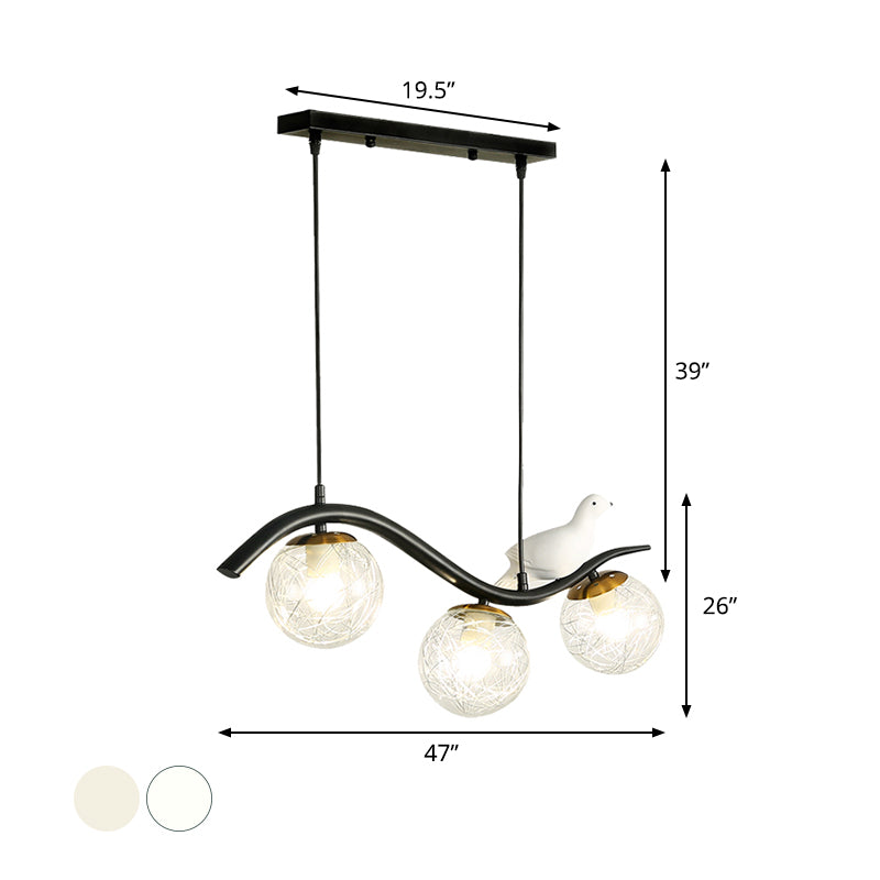 Ball Shade Hanging Lamp Kit Modernism Clear/White Glass 3 Heads Black Island Lighting with Pigeon Decor