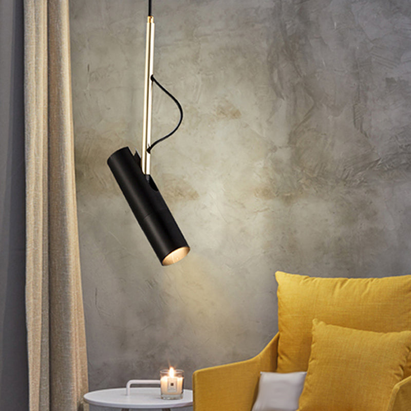 Cylinder Metallic Mini Suspension Pendant 1 Bulb Black/White Hanging Light Fixture in Warm/White Light
