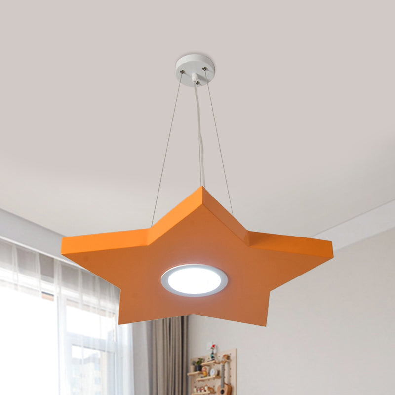 Metal Sun/Star/Moon Ceiling Light Kids Style LED Pendant Chandelier in Yellow/Orange/Blue for Playroom