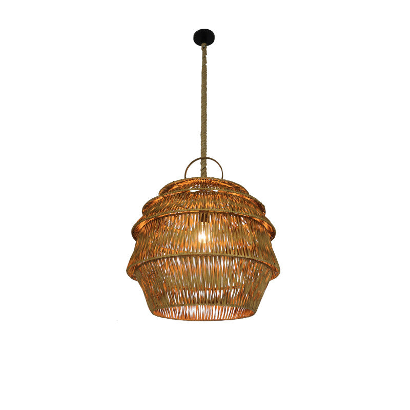 Beige/Coffee Jar-Like Down Lighting Rustic 1-Light Bamboo Ceiling Suspension Lamp for Dining Room