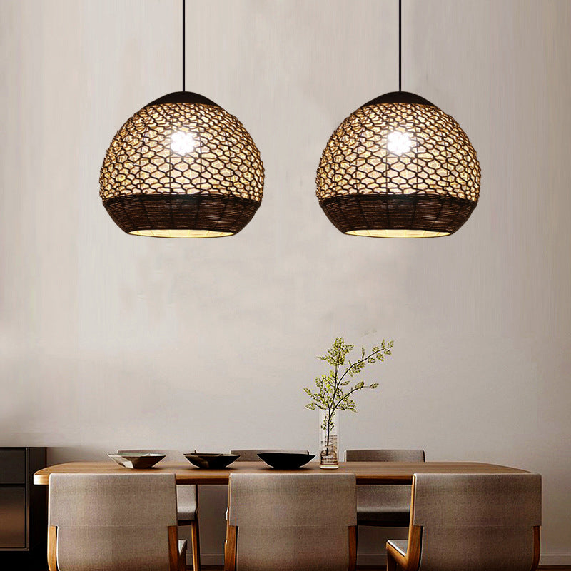 Globe Hanging Ceiling Light Asia Style Rope 1 Head Dining Room Pendant Lamp with Hollow-Out Design in Flaxen