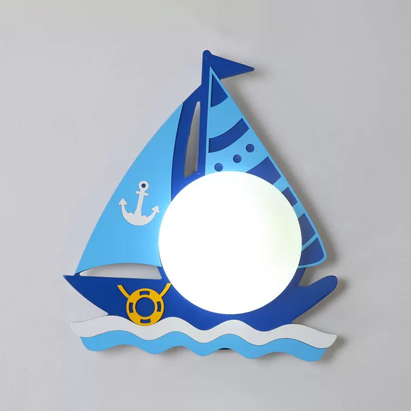 Timber Sailboat Wall Sconce Kids Single Head Blue Wall Light Fixture with Circular Glass Shade