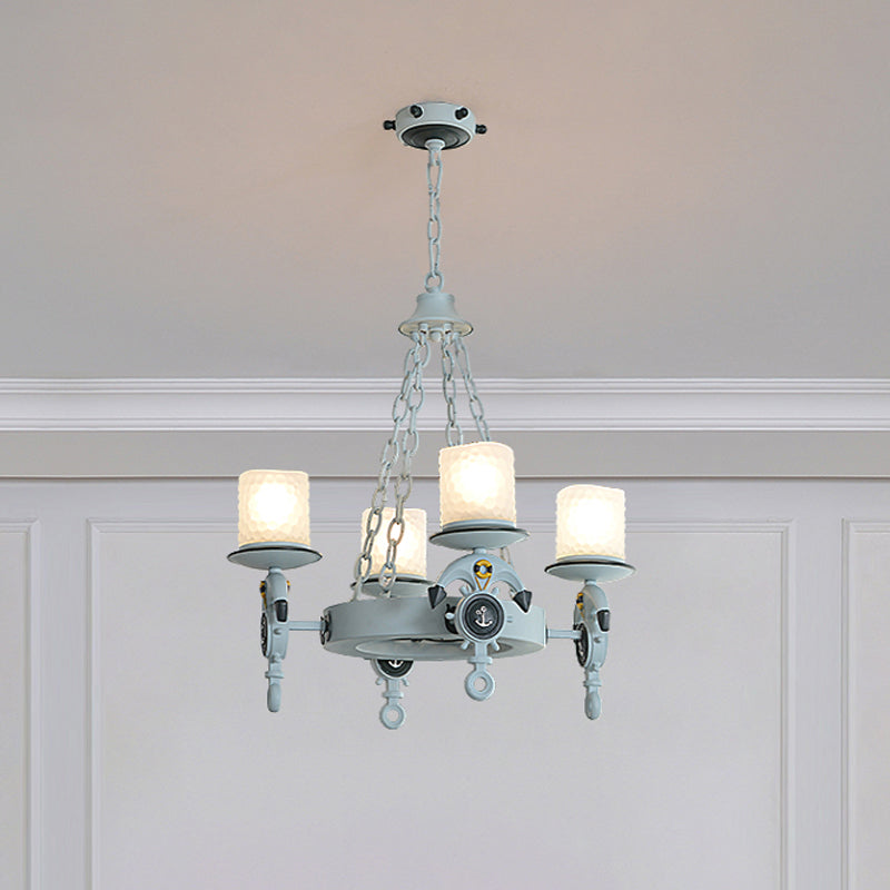 4 Heads Parlor Chandelier Light Children Blue/Brown Hanging Lamp Kit with Cylinder Frosted Glass Shade