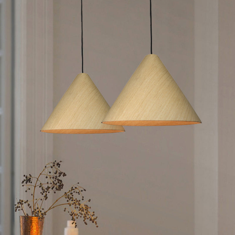 1 HEAD CAFE SUSPENSION lampe Rouge rural / beige suspendu avec une teinte en bois de conique, 10 "/ 13" de large