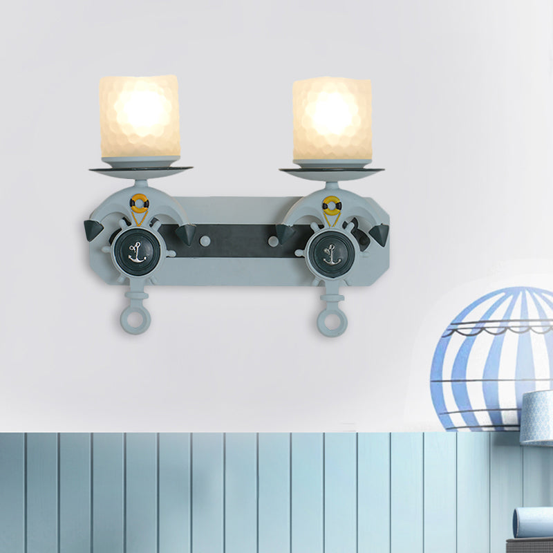 Anchor Arm Wall Lamp Kids Resin 1/2-Bulb Brown/Blue Wall Mount Light Fixture with Cylinder Opal Glass Shade