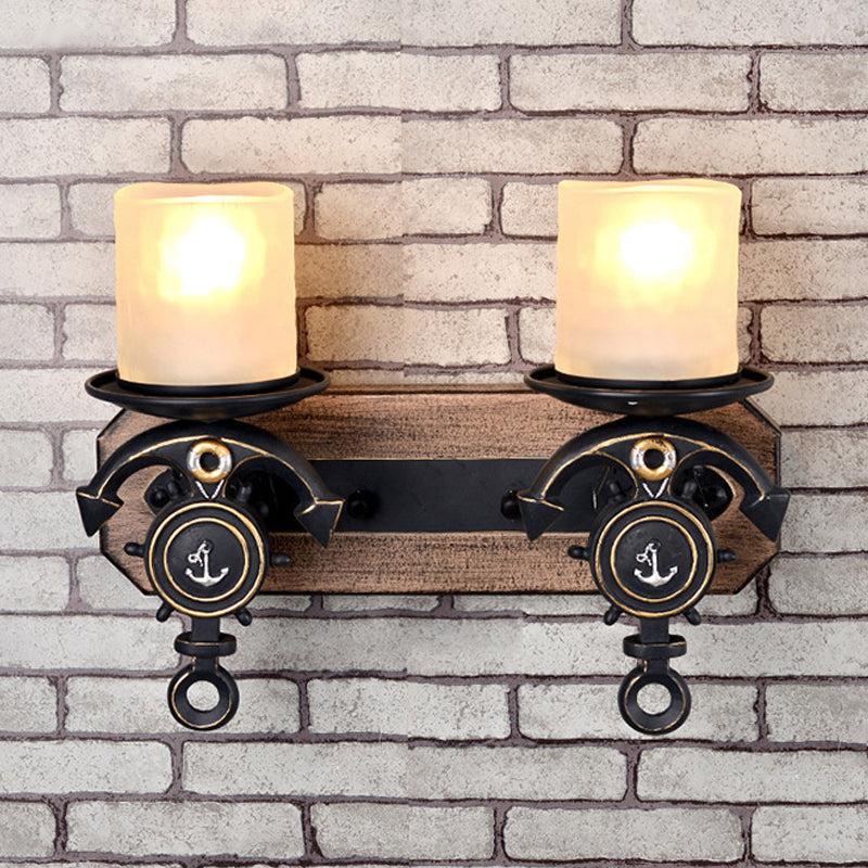 Anchor Arm Wall Lamp Kids Resin 1/2-Bulb Brown/Blue Wall Mount Light Fixture with Cylinder Opal Glass Shade