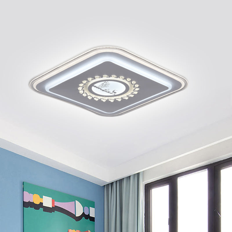 Square Acrylic Flush Mount Light Minimalism LED White Close to Ceiling Lighting with Floral/Plum Blossom/Deer Pattern