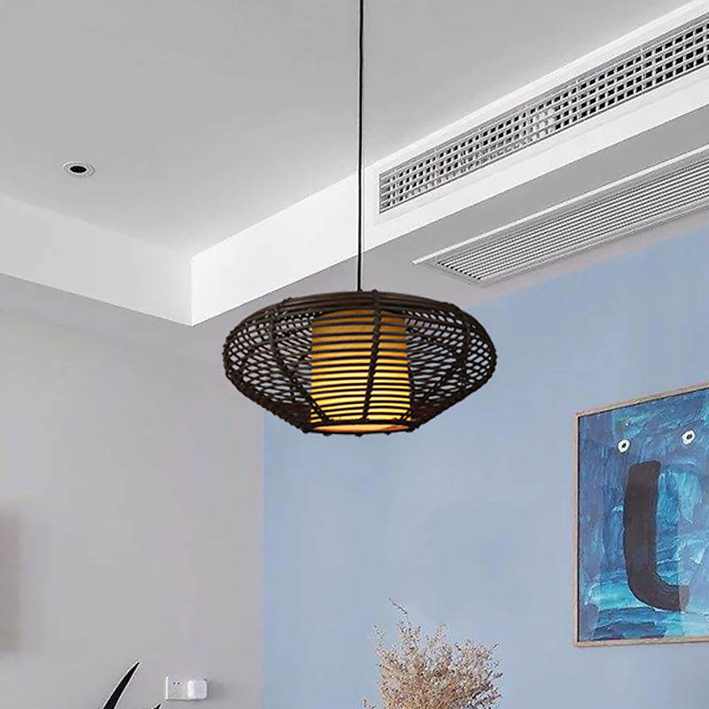 Fabric Cylindrical Pendant Lighting Asia 1 Light Coffee Drop Lamp with Oval Bamboo Cage