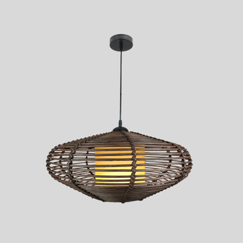 Fabric Cylindrical Pendant Lighting Asia 1 Light Coffee Drop Lamp with Oval Bamboo Cage