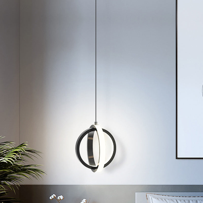 Contemporary LED Suspension Lighting Black/White Crossed Ring Down Mini Pendant with Metallic Shade in Warm/White Light
