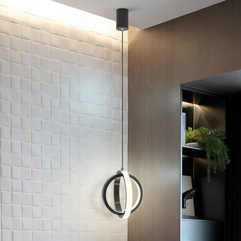 Contemporary LED Suspension Lighting Black/White Crossed Ring Down Mini Pendant with Metallic Shade in Warm/White Light