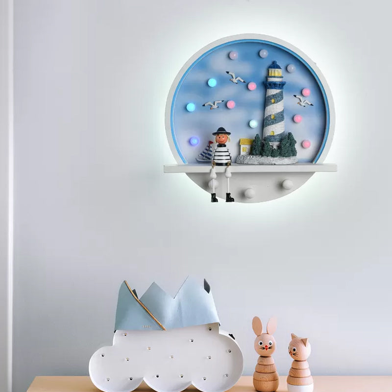 IDEA DE ILUMENTA DE LUN DE MUNDA DE MADERA DE DISCO Estilo de niños Led Blue Wall Light con diseño de personajes de dibujos animados
