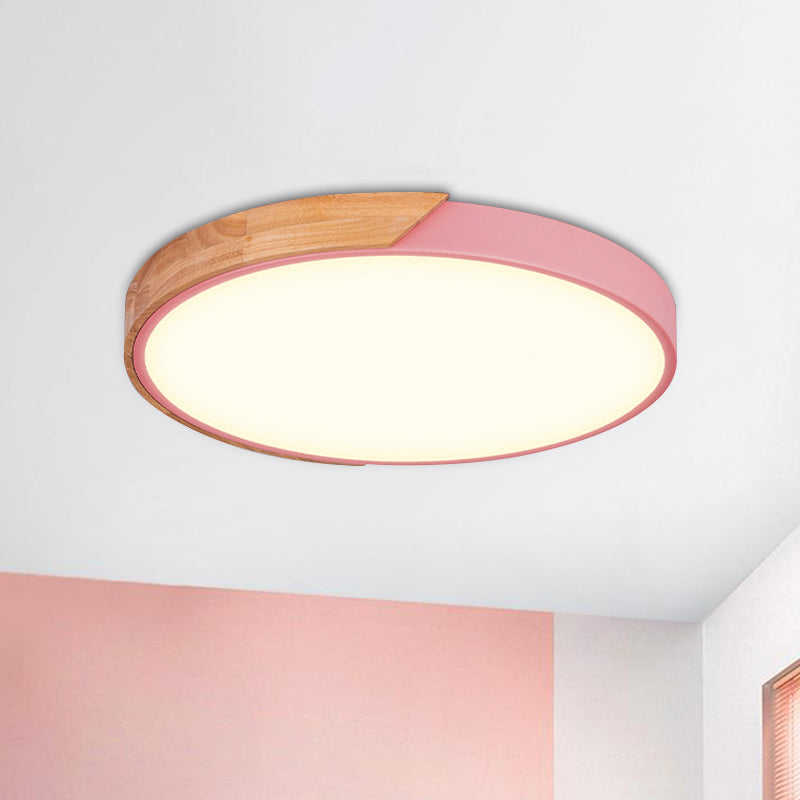 Round Close to Ceiling Lamp Contemporary Metal Pink/Yellow/Green LED Flush Light Fixture, 16"/19.5" Wide
