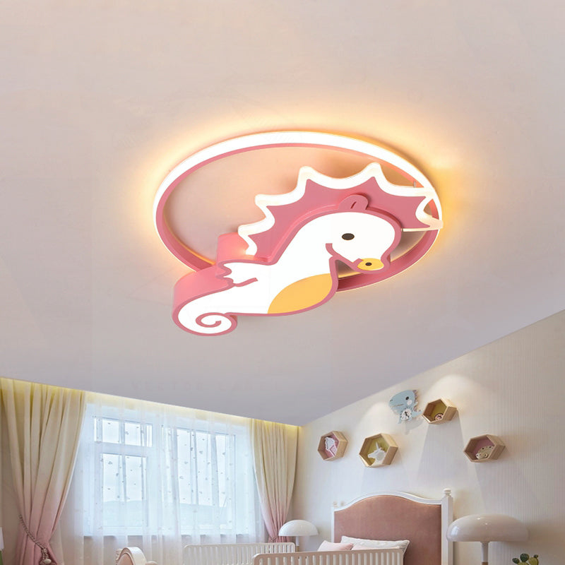 LED Nursery Flush Mount Light Cartoon Pink Ceiling Lighting with Sea Horse Metal Shade