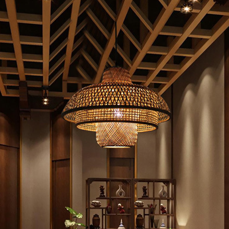 3-Tier Round Cage Pendant Lamp Fixture Asia Bamboo 1 Light Restaurant Suspension Lighting in Beige