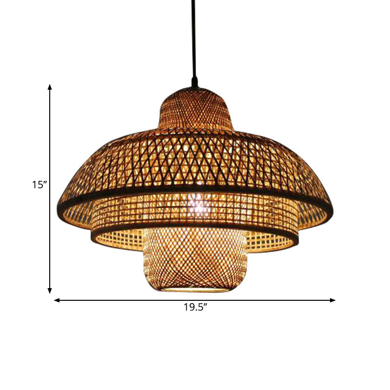 3-Tier Round Cage Pendant Lamp Fixture Asia Bamboo 1 Light Restaurant Suspension Lighting in Beige