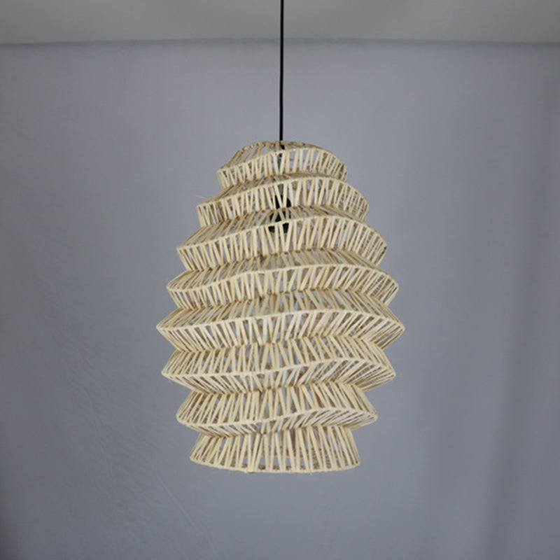 Rural Woven Lantern Pendulum Light Bamboo 1-Head Tea Room Hanging Lamp Kit in Beige