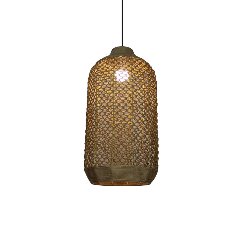 1 Light Dining Room Drop Pendant Chinese Style Beige Hanging Lamp Fixture with Woven Lantern Bamboo Shade