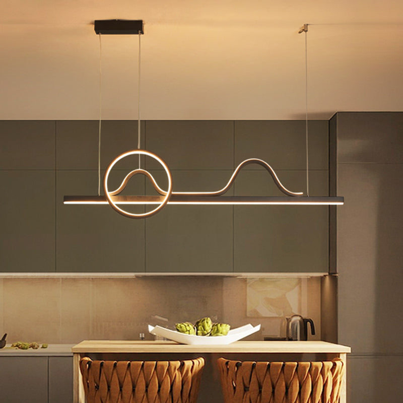 Curvy Line and Ring Metallic Island Lamp Contemporary LED Black Suspended Lighting Fixture