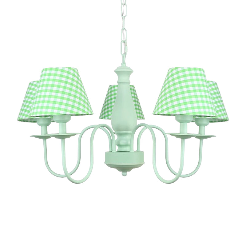 Macaron Loft Plaid Shade Chandelier Metal 4 Lumières Green Hanging Light for Nursing Room