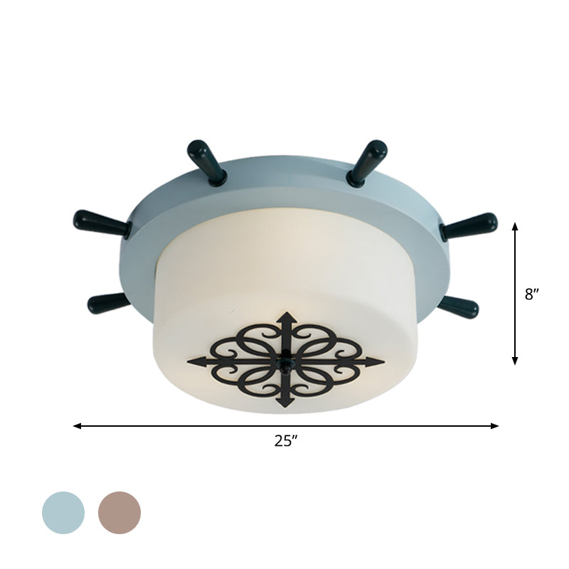 White Glass Drum Flush Ceiling Light Kids LED Flush Mount Fixture with Rudder Blue/Brown Canopy