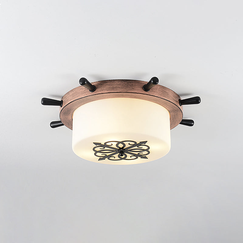 White Glass Drum Flush Ceiling Light Kids LED Flush Mount Fixture with Rudder Blue/Brown Canopy