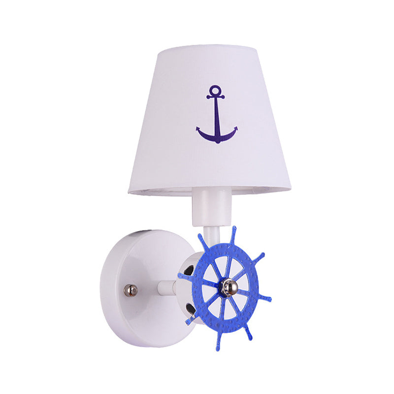 Fabric Tapered Shade Wall Light Sconce Kids Single Head White Wall Lighting with Rudder Decor