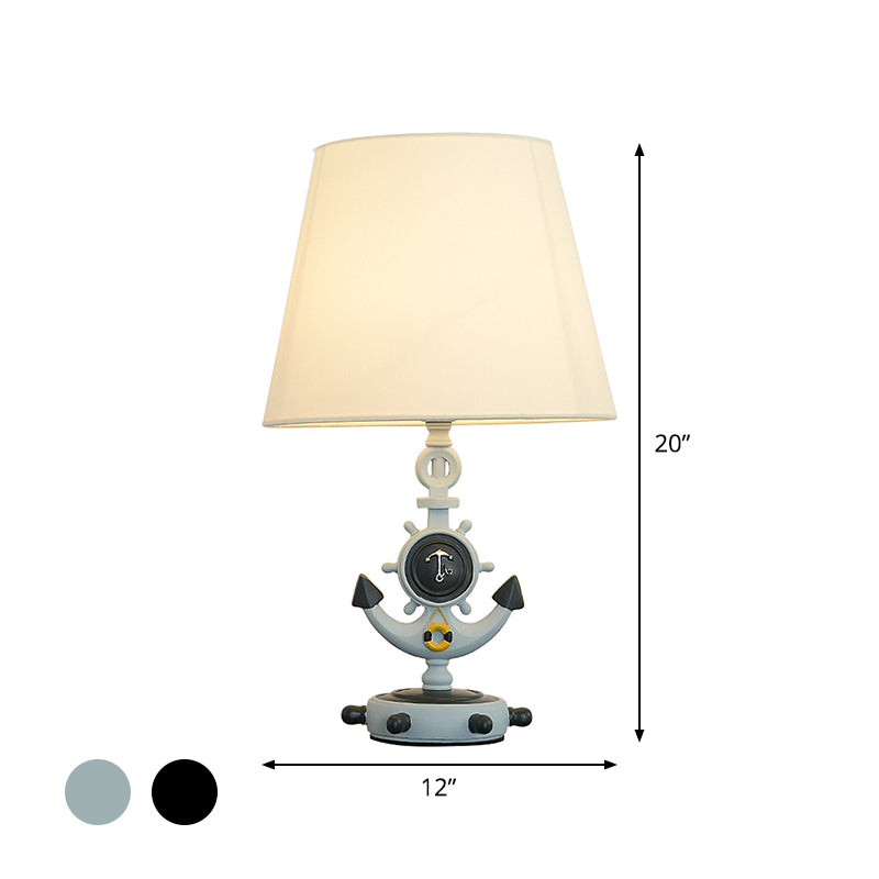 Black/Blue Anchor Base Desk Lamp Kids 1 Head Resin Task Lighting with Tapered White Fabric Shade