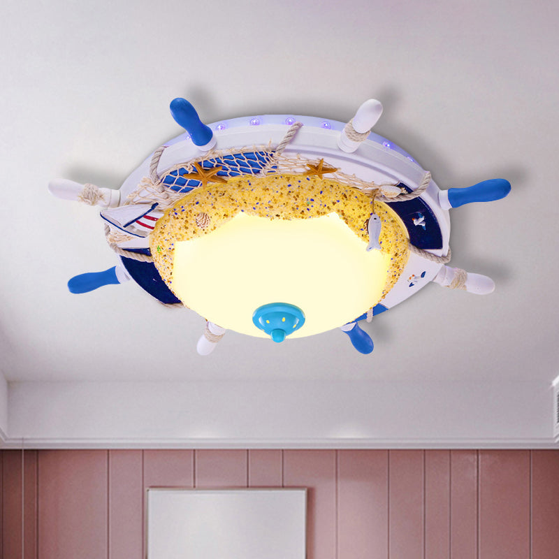 Creative Domed Close to Ceiling Lamp Opal Glass LED Bedroom Flushmount with Rudder and Beach Design in Blue, Warm/White Light