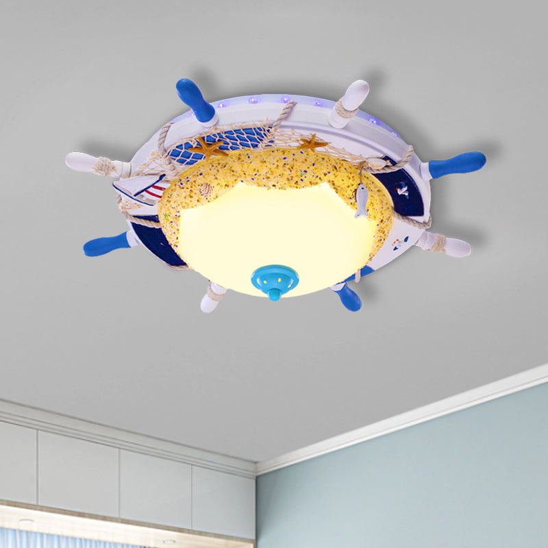 Creative Domed Close to Ceiling Lamp Opal Glass LED Bedroom Flushmount with Rudder and Beach Design in Blue, Warm/White Light