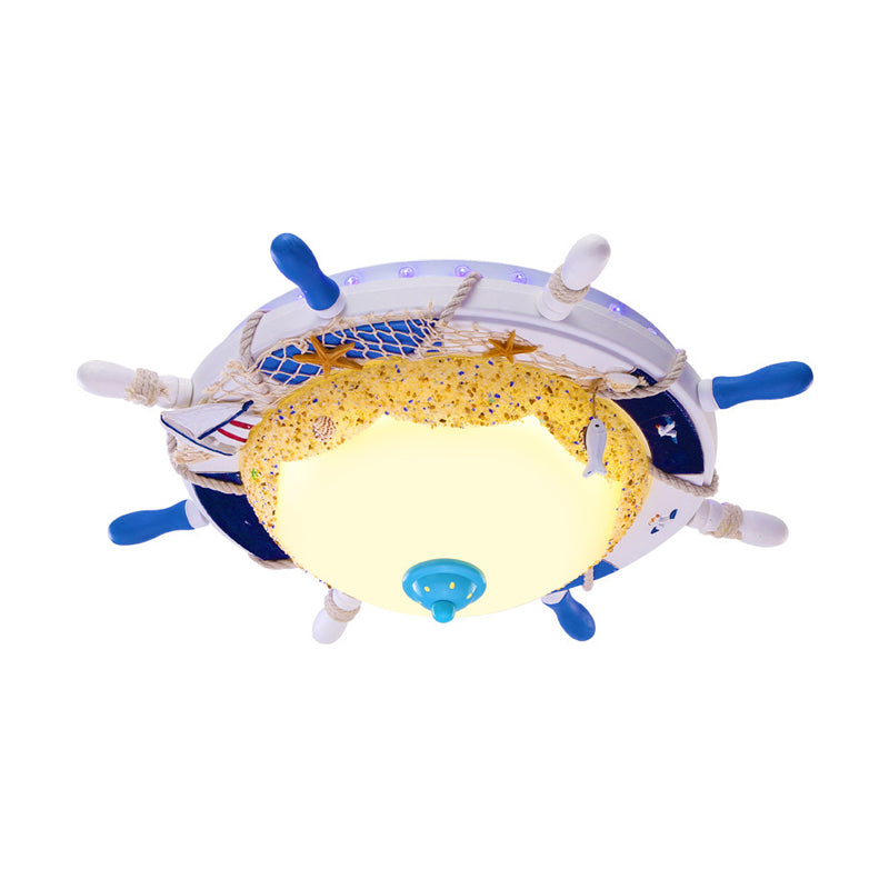 Creative Domed Close to Ceiling Lamp Opal Glass LED Bedroom Flushmount with Rudder and Beach Design in Blue, Warm/White Light
