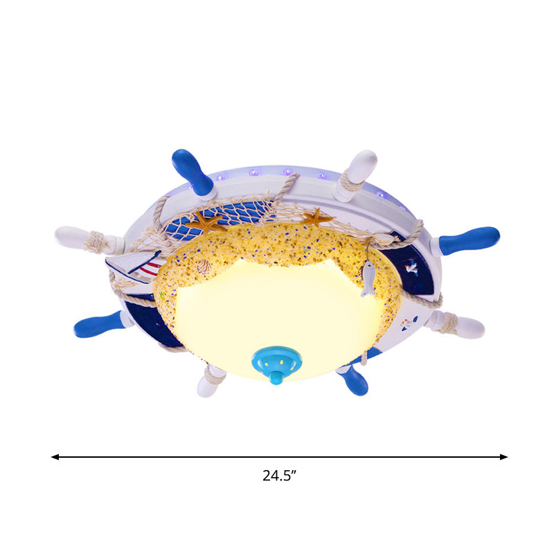 Creative Domed Close to Ceiling Lamp Opal Glass LED Bedroom Flushmount with Rudder and Beach Design in Blue, Warm/White Light