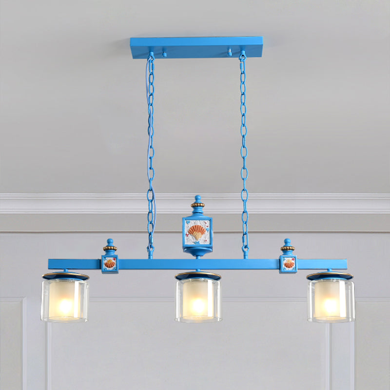 Dual Cylinder Parlor Island Lighting Clear and Frosted Glass 3 Bulbs Simple Pendant Lamp in Sky/Light Blue