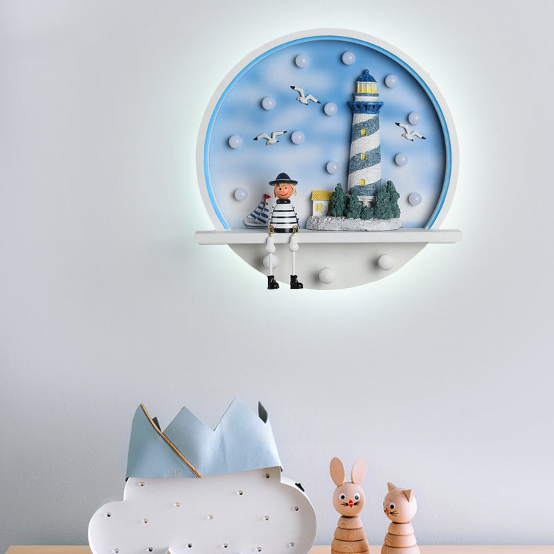 Cirkel oppervlakte wand SCONCE kust houten led blauwe wandlamp armatuur met zeemeeuw en vuurtorendeco in warm/wit licht