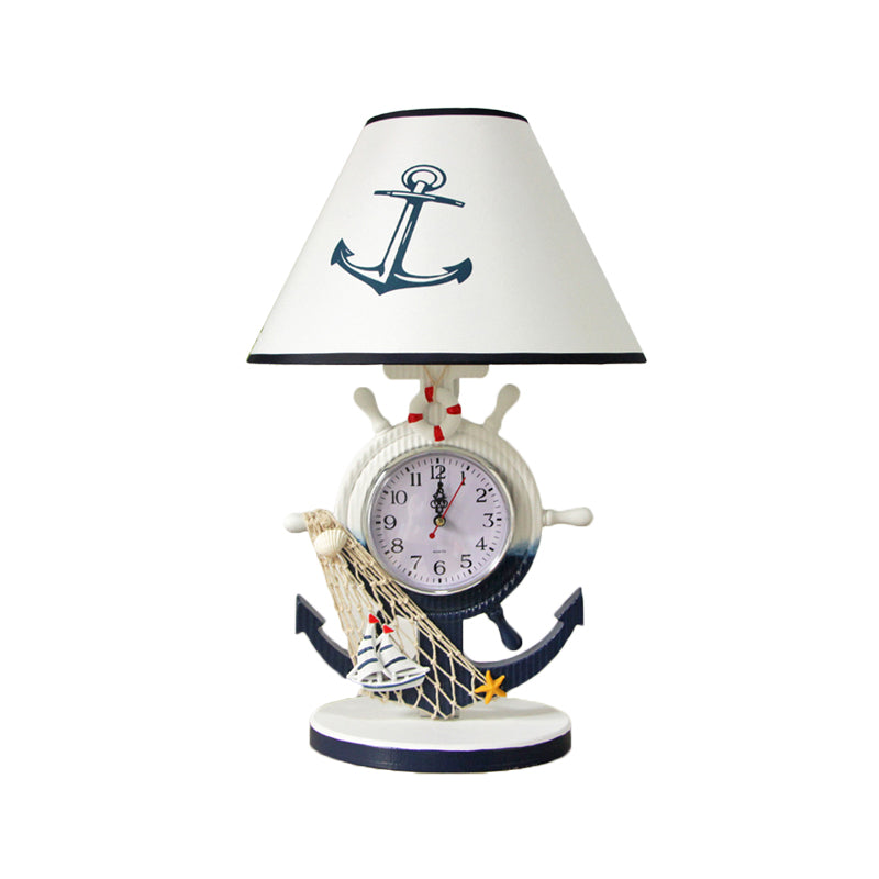 Illuminazione da tavolo con base del timone Lampada da comodino in resina stile bambini con lampadina singola sfumata blu con design a orologio