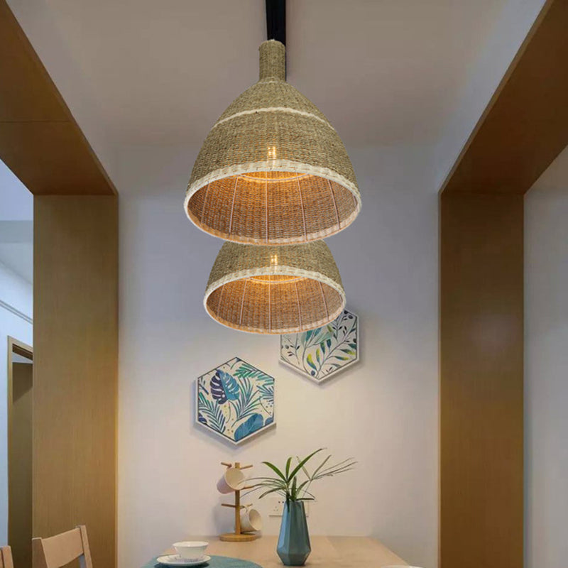 Warehouse 1 Light Hanging Lamp Kit Beige Conic Down Lighting Pendant with Rattan Shade