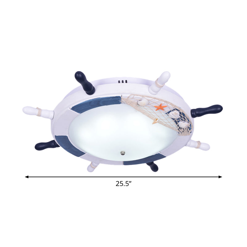 Blue Rudder Flush Ceiling Light Mediterranean LED Wooden Flush Mount with Bowl Glass Shade for Baby Room
