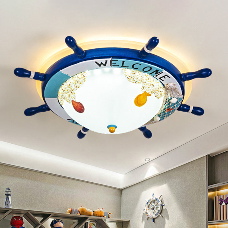 Frosted Glass Dome Flush Mount Lamp Nordic Light/Dark Blue LED Ceiling Lighting with Rudder Design